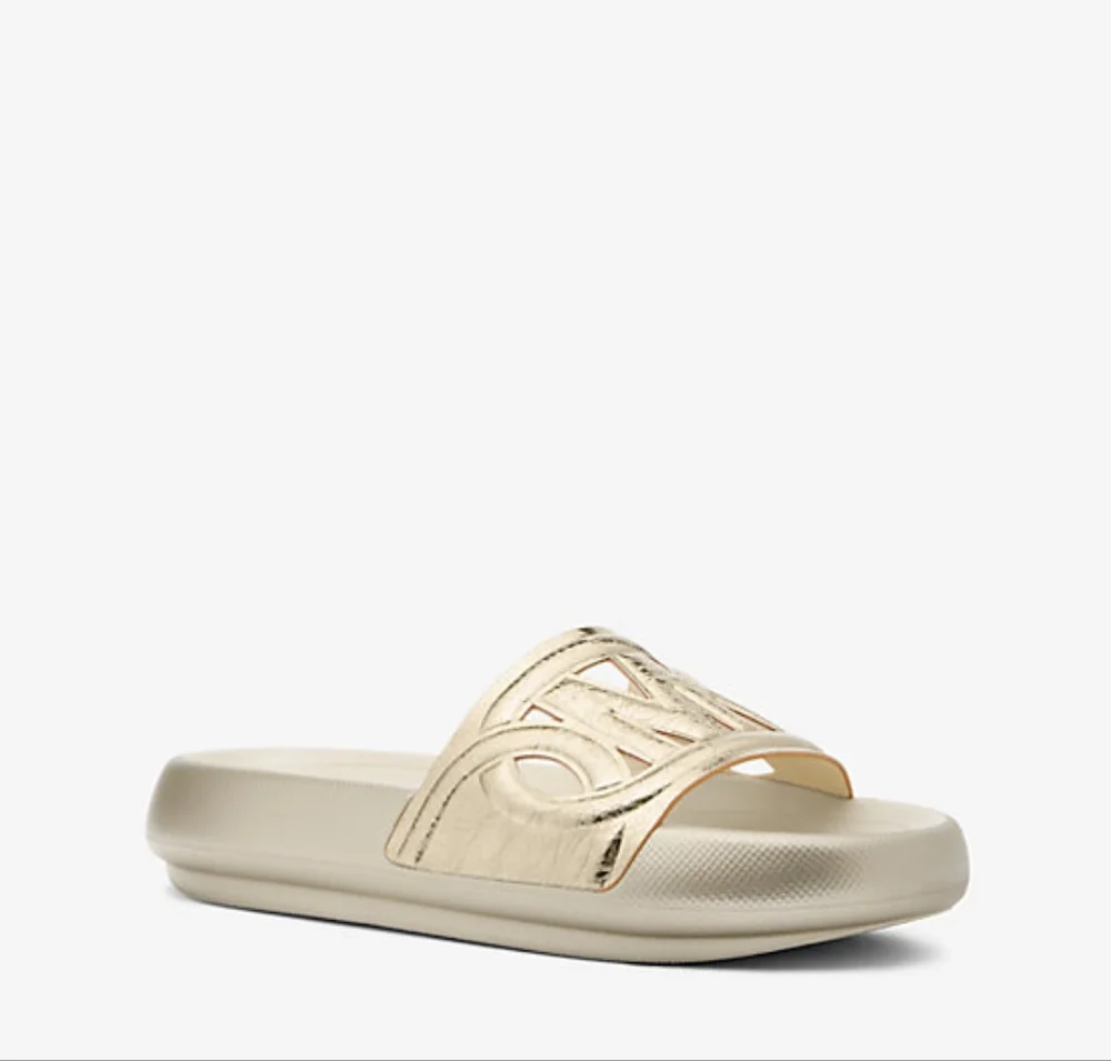 MICHAEL Michael Kors Splash Metallic Pale Gold Leather Slide Sandal Size 9 - Picture 1 of 11